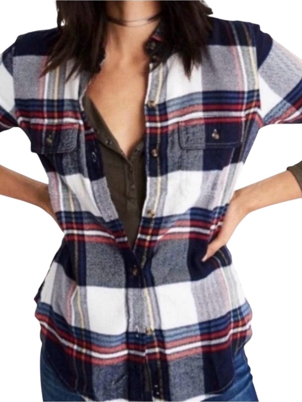 American Eagle Plaid Y2K Navy/White Button-Up Collar Roll Tab Sleeve Shirt